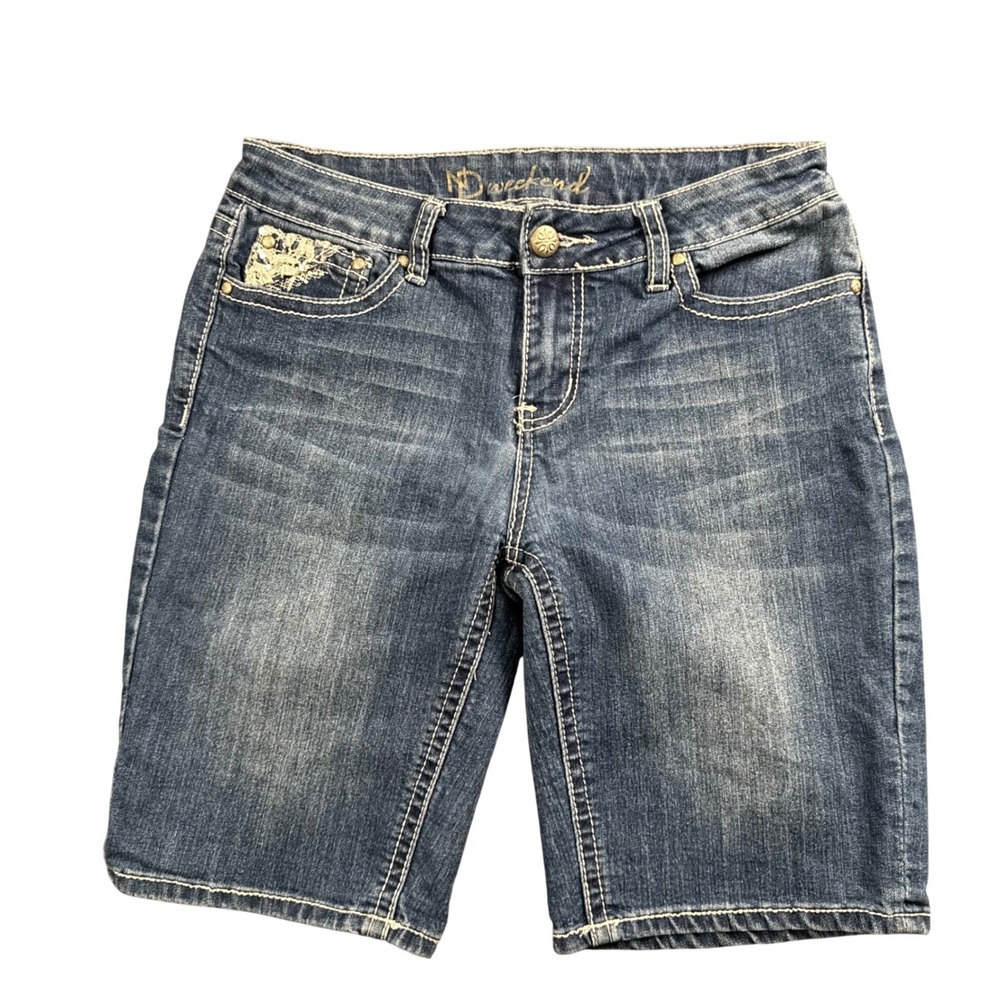 Y2K Boho Denim Bermuda Shorts Womens 10 Blue Lace‎ Pocket Festival